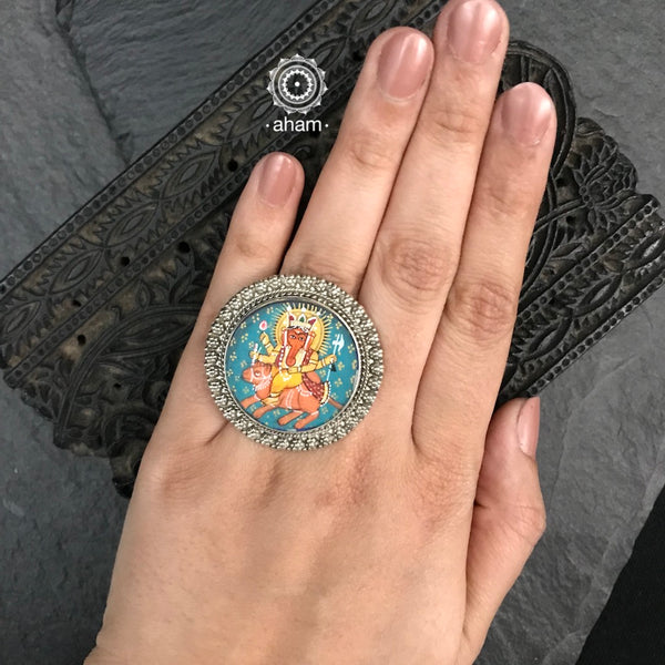 92.5 Sterling silver ring with an intricate hand painted Ganesha motif in vibrant colours. 