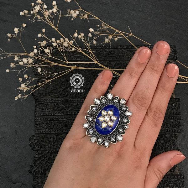 Lapiz stone set in 92.5 silver with kundan inlay work and Zircon stone highlights, Beautiful adjustable ring perfect for special occasions and festivities.   