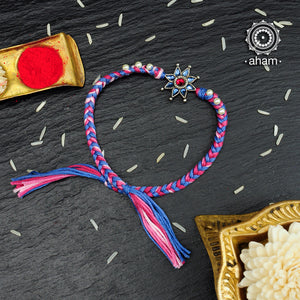 Beautiful Silver Rakhi, Make this Rakshabandhan Memorable with this handcrafted Rakhi  Silver dial weaved with cotton thread for an ever-lasting Knot.