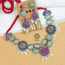 Handcrafted 92.5 sterling silver short peacock neckpiece and earrings set with beautiful paisley motifs in kemp stone setting, green prehnite calci semi precious stones and cultured pearls.