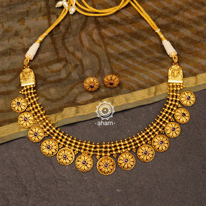 Make a sophisticated style statement this festive season with this beautiful neckpiece and earrings set. Crafted using traditional techniques in 92.5 sterling silver with gold polish, semi precious stones. Perfect for intimate weddings and upcoming festive celebrations.