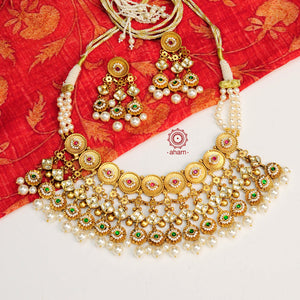 Traditional Jewellery perfect for family weddings.  Beautiful antique finish neckpiece set intricately embedded in the lustre of precious coloured stones and Swarovski pearls. A stunning addition to your wedding look.  The beautiful workmanship is something that can be cherished and passed on for generations to come. 