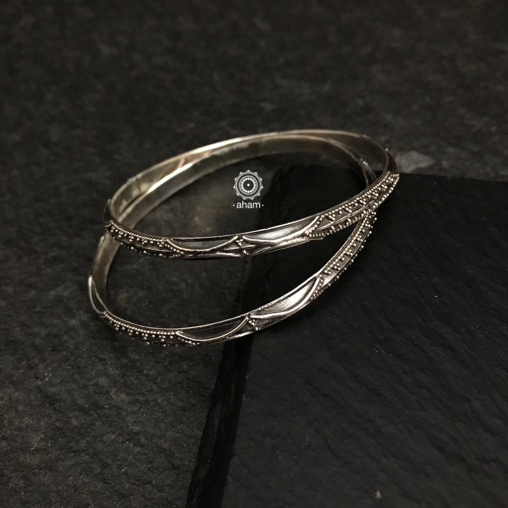 Handcrafted everyday wear bangles in 92.5 sterling silver with rava work.