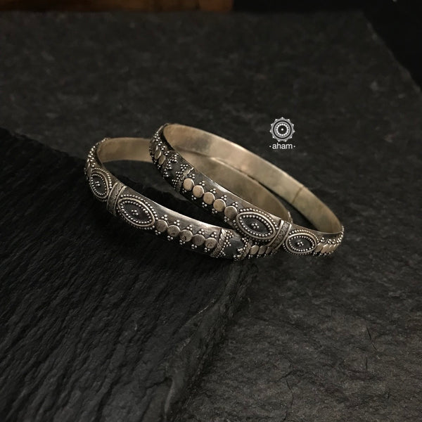 Handcrafted everyday wear bangles in 92.5 sterling silver with rava work.