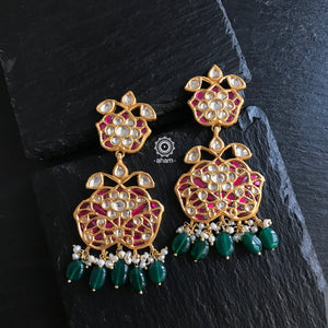 Silver Earrings with Gold Polish, Kundan, Kemp, Emeralds and Pearls