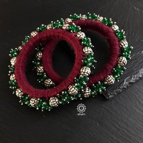 Silver beads, Green stone and thread work Bangle (Size: 2.6)