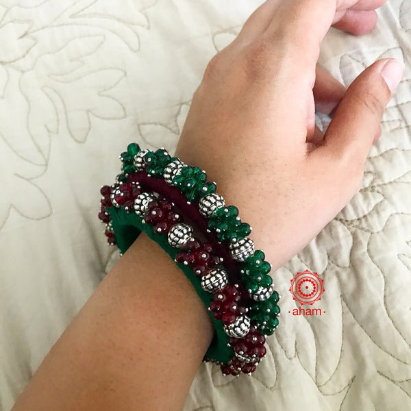 Silver beads, Green stone and thread work Bangle (Size: 2.6)