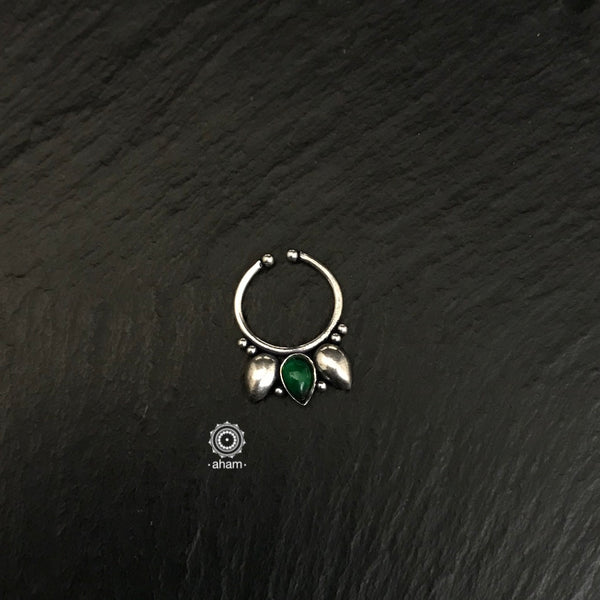 Silver Septum Clipon Nose Ring With Green Stone
