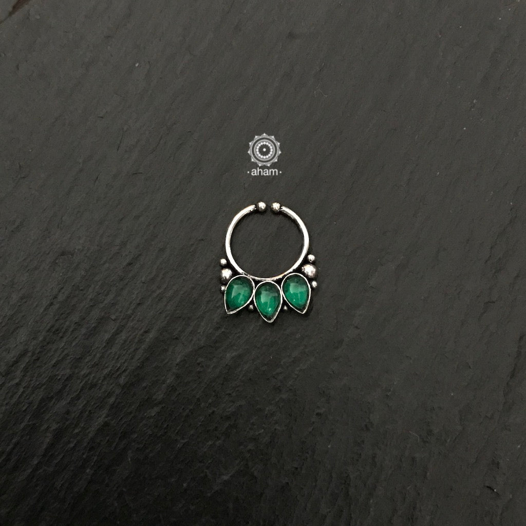 Silver Septum Clipon Nose Ring with Green Leaf