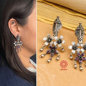 Handcrafted Nrityam flower power silver earrings with kemp stones